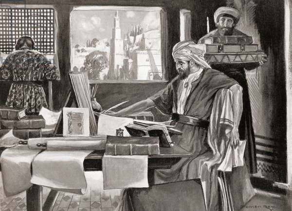 Isaac Abravanel seated at his writing desk surrounded by books and scrolls, an attendant bringing more volumes, with a city skyline beyond the window.
