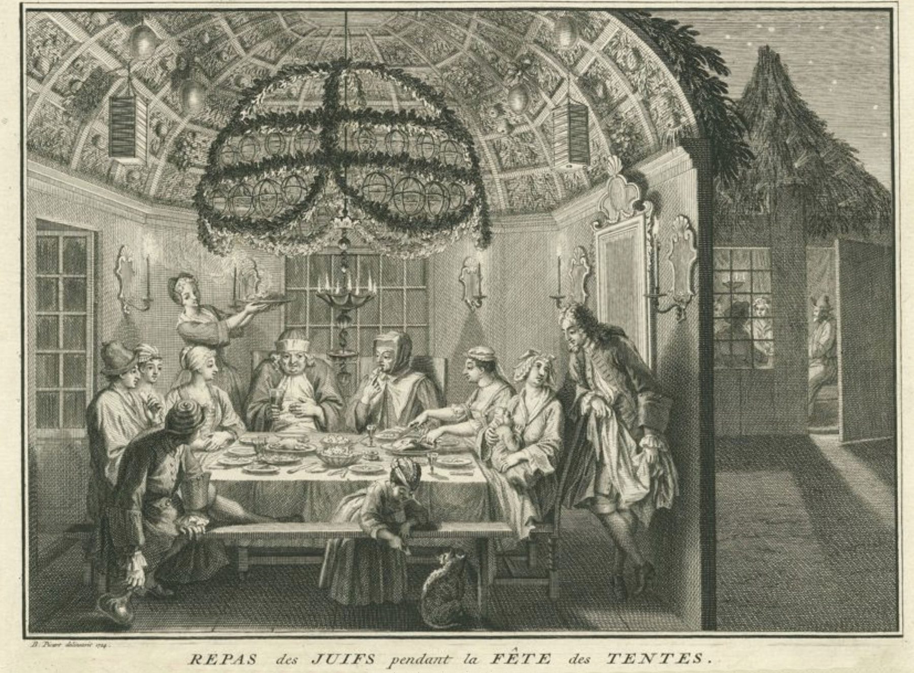 Bernard Picart's 1724 engraving of a family sharing a meal inside a decorated sukkah, its roof open to the night